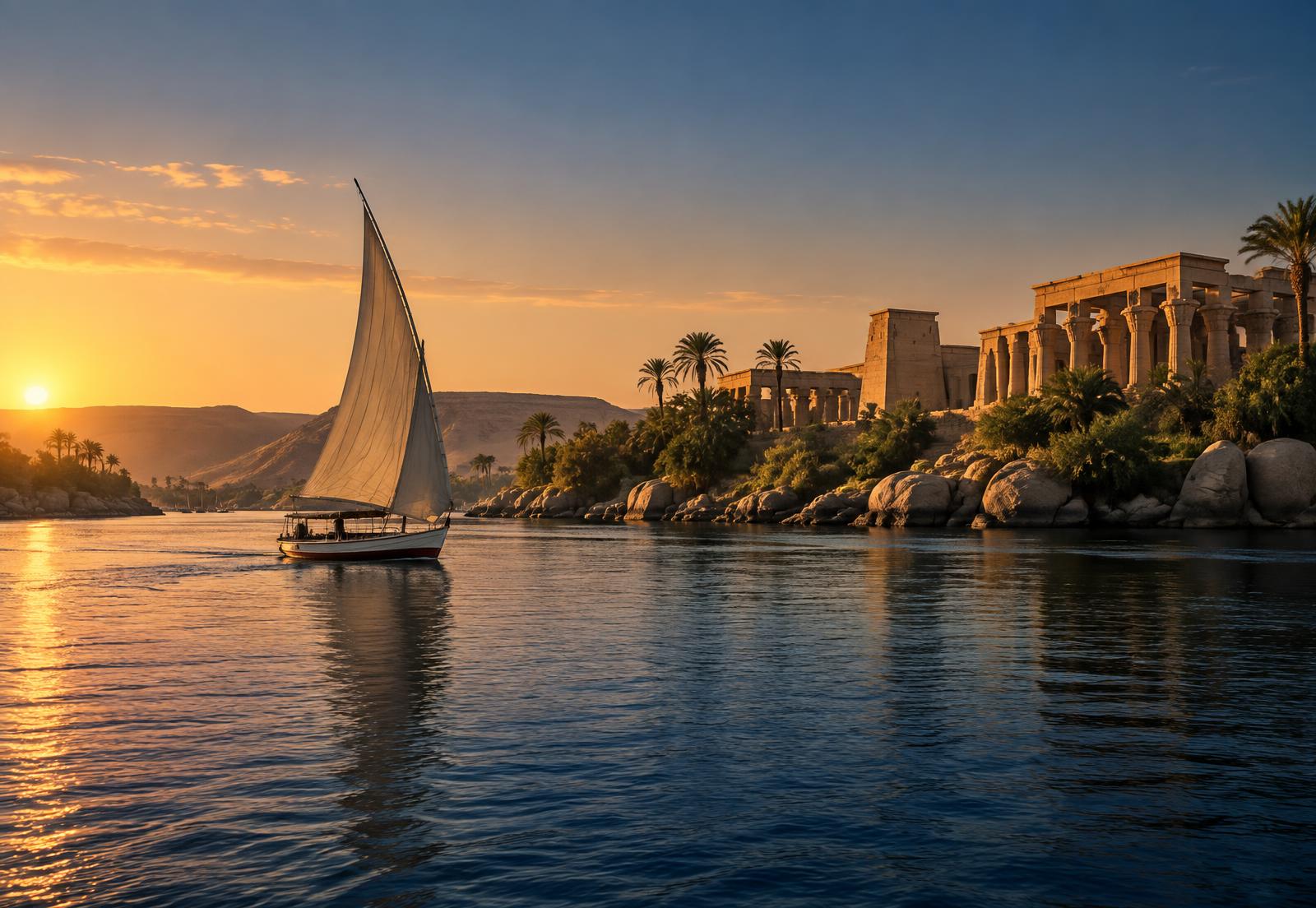 A traditional felucca sailing the Nile beside ancient Egyptian temples and palms at golden hour