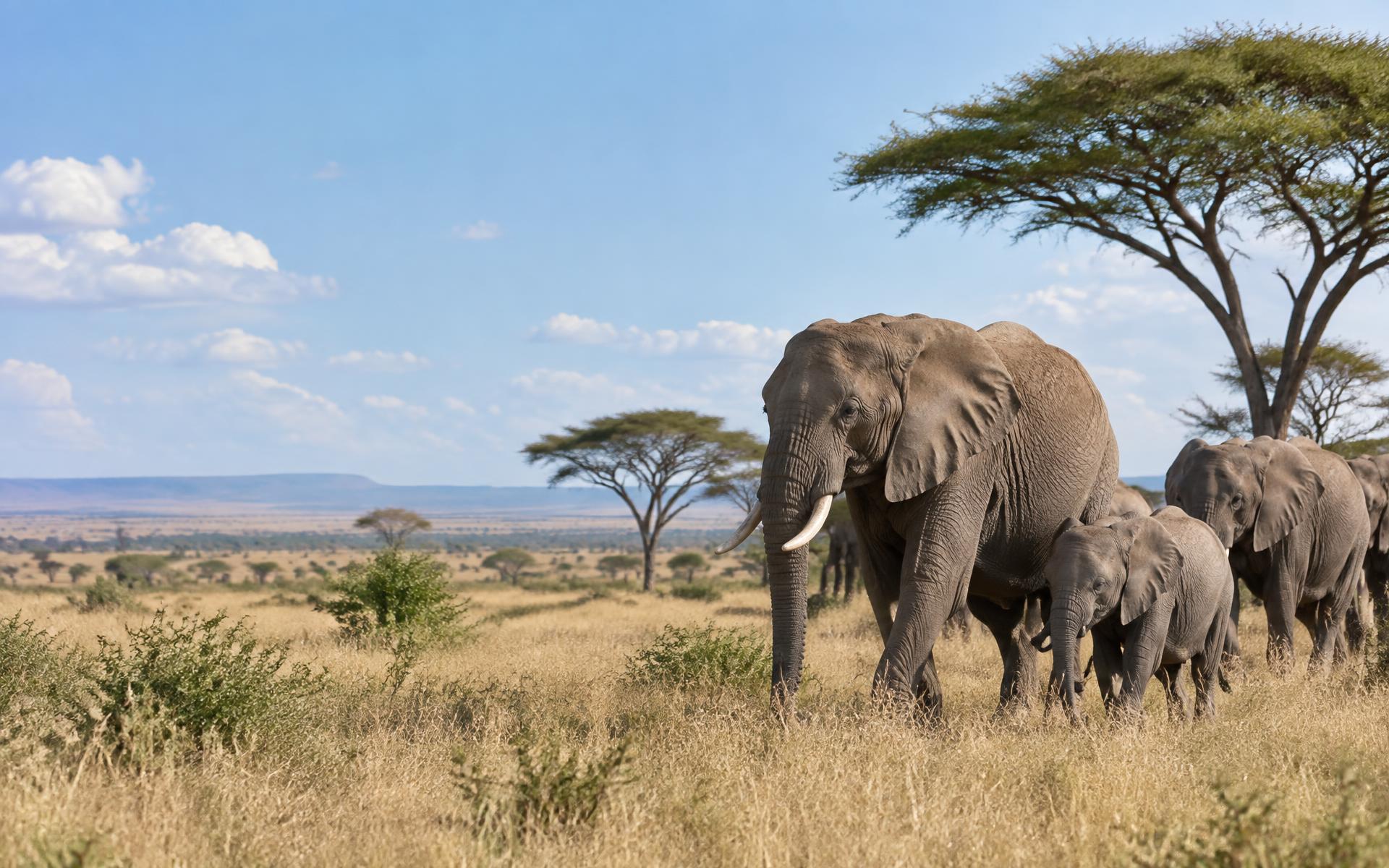 Elephants crossing Kenya's open savanna beneath acacia trees and distant hills at sunrise
