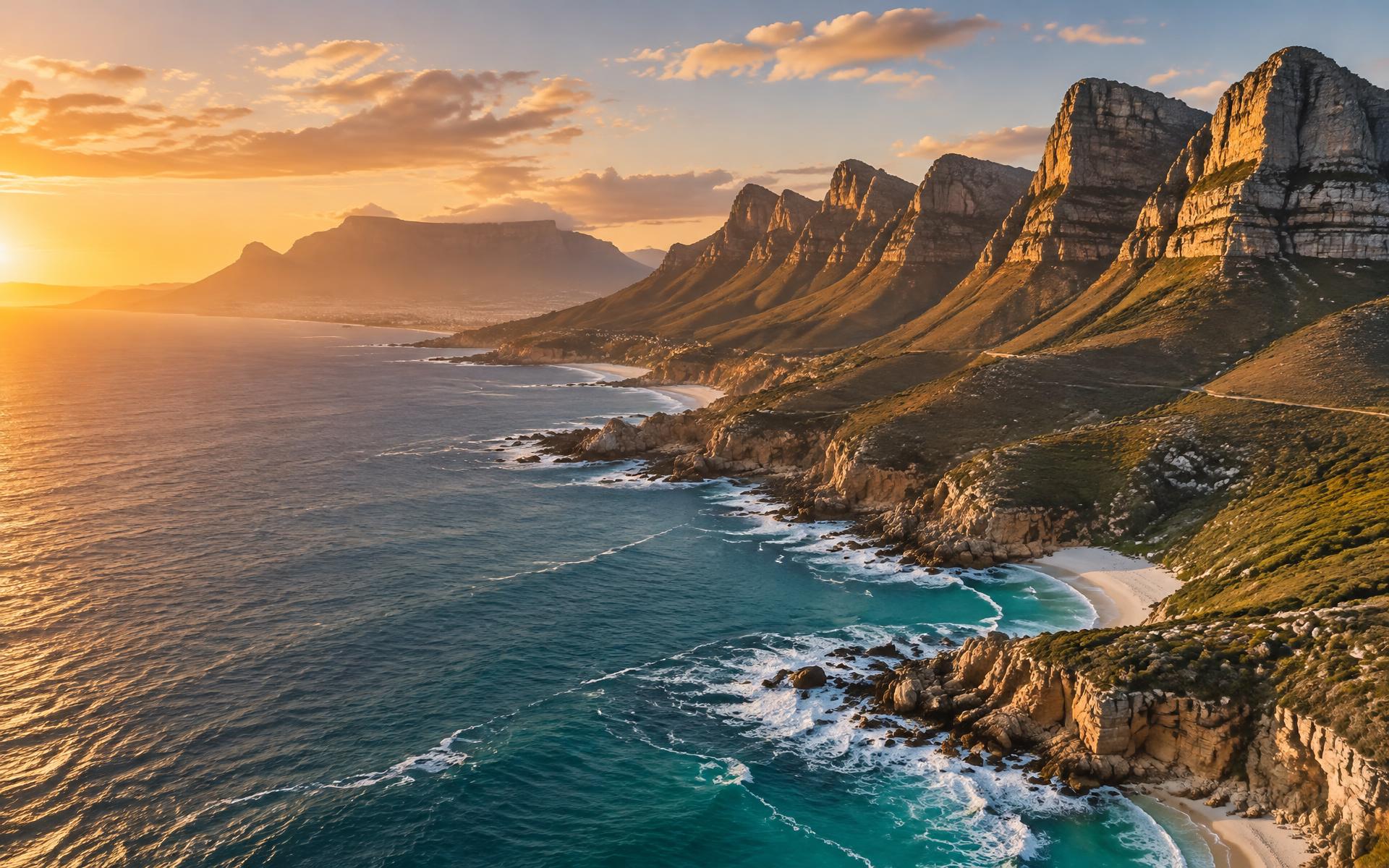 Aerial view of the Twelve Apostles coastline at golden hour with Table Mountain in the distance