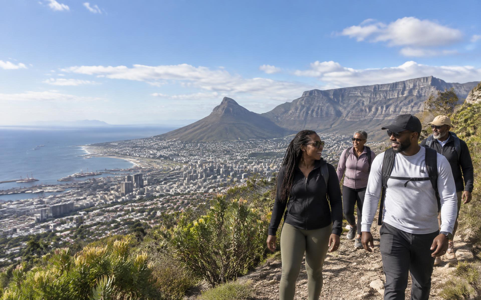 Travelers hiking Signal Hill above Cape Town with Table Mountain and the Atlantic behind